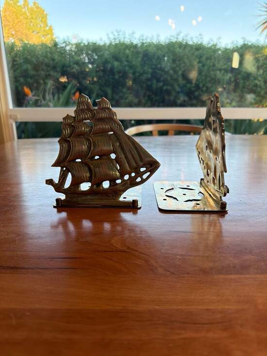 Vintage Solid Brass Sailing Ship Bookends Nautical Clipper Ship Decor Set